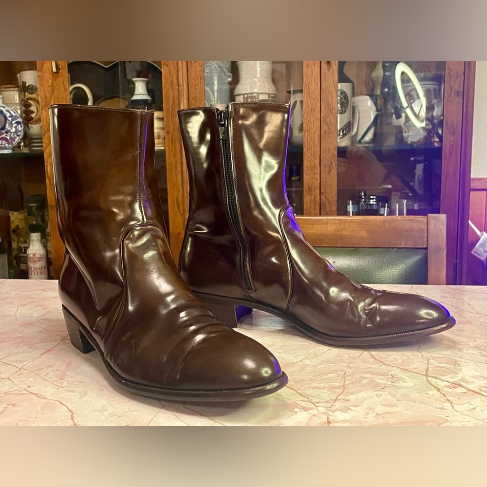 Vintage 1980s Mario Bruni Italian Brown Patent Leather Mens Boots Sz 10 Medium
